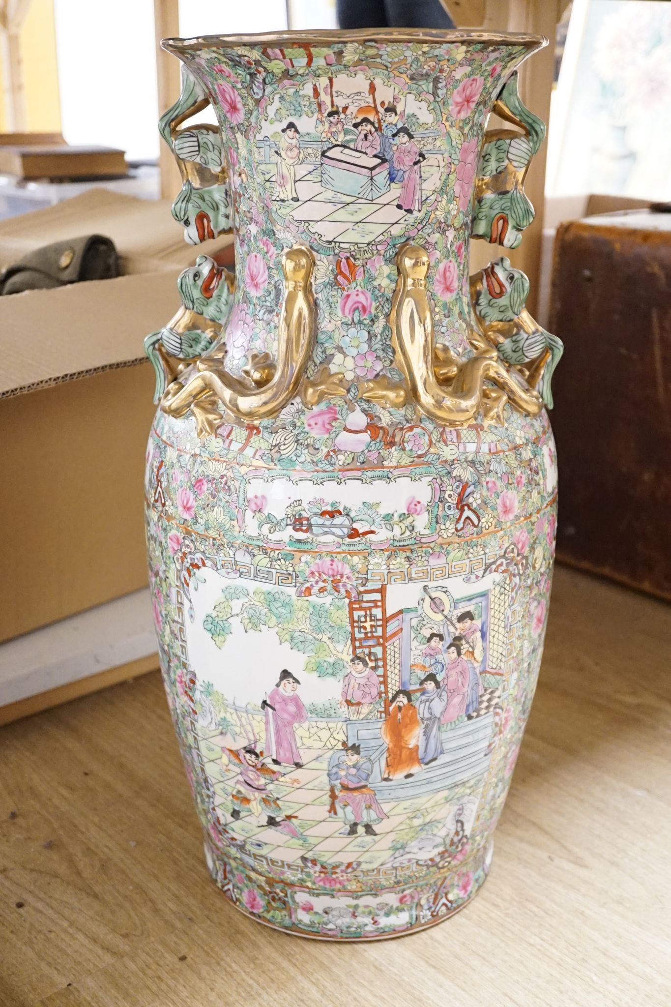 A large Chinese famille rose vase and a similar tureen and cover, vase 63 cms high.